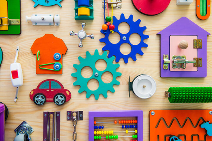 table top filled with kids toys
